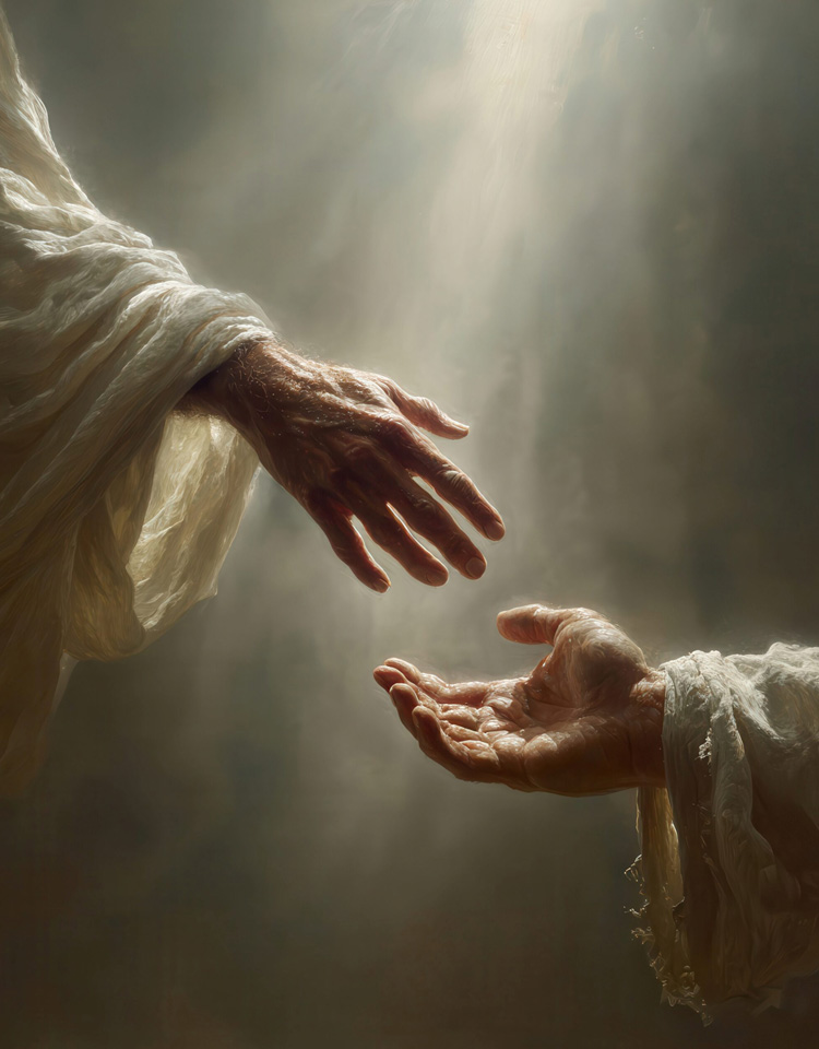 Hands reaching towards each other in a light beam