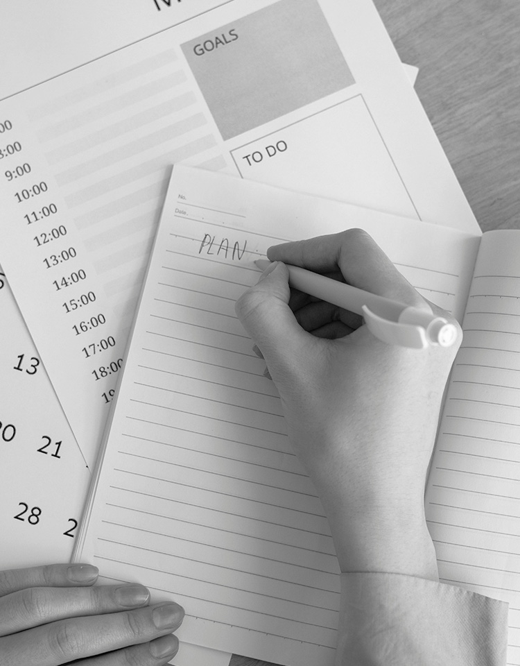 Person writing Plans in a notebook
